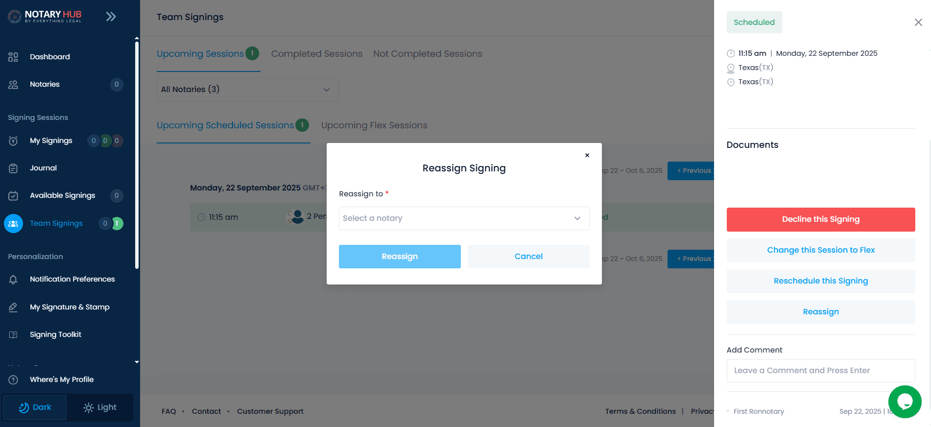 Clean, modern dashboard interface showing a list of upcoming notary sessions with action buttons for reassign, reschedule, and comments